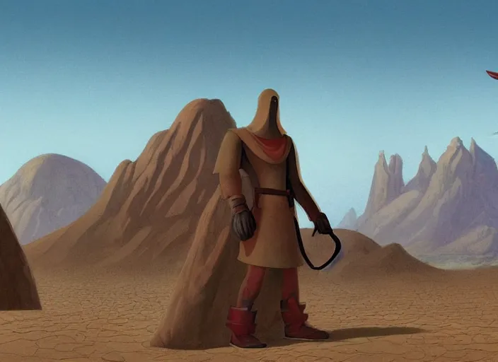 Image similar to the red traveler from the playstation video game journey standing in the desert with the great mountain in the background as illustrated by ralph mcquarrie