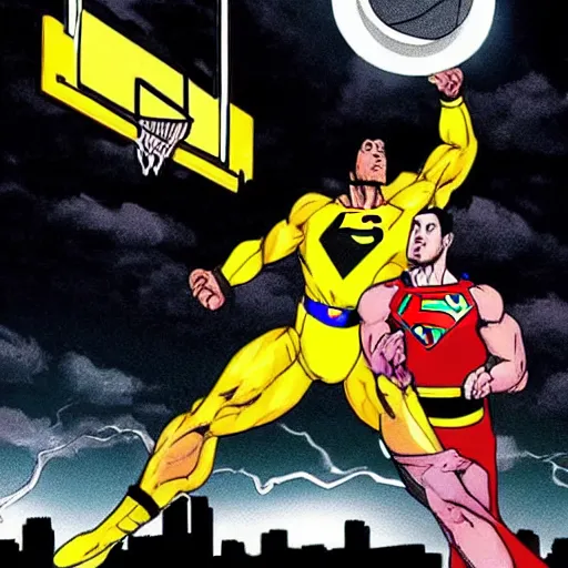 Image similar to black adam from dc comics dunking a basketball over superman on a city court at midnight. a major magical lightning storm in the sky.