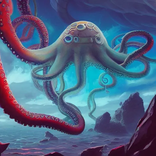 Prompt: A surreal and ethereal underwater landscape with a giant octopus, sci fi, trending on artstation, highly detailed, by Mandy Jurgens and Dang My Linh