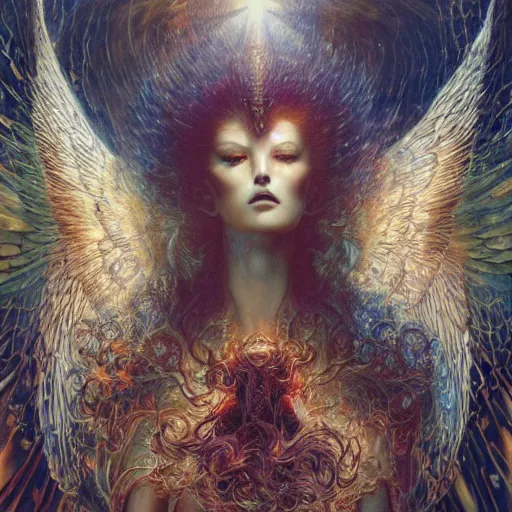 Image similar to thousands of angels on their knees worshiping a light, shining lights, god rays by by Karol Bak, Ayami Kojima, Amano and Olivier Ledroit