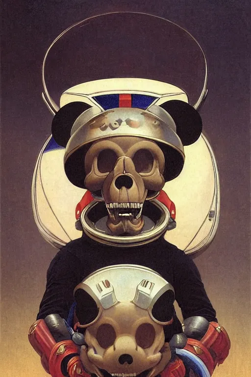 Image similar to portrait of a mickey mouse skull astronaut with chinese dragon armor and helmet, majestic, solemn, by bouguereau