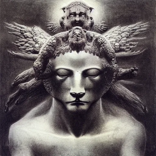 Image similar to cherub with four faces : man, lion, eagle, bull. drawn by zdzislaw beksinski