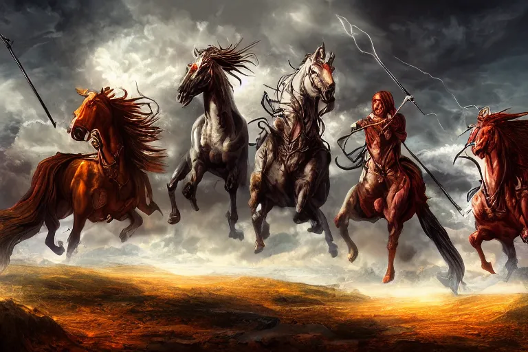 Image similar to the four horsemen of the apocalypse, digital painting, mixed media, trending on artstation and deviantart, epic composition, magnum opus, highly detailed, 8 k