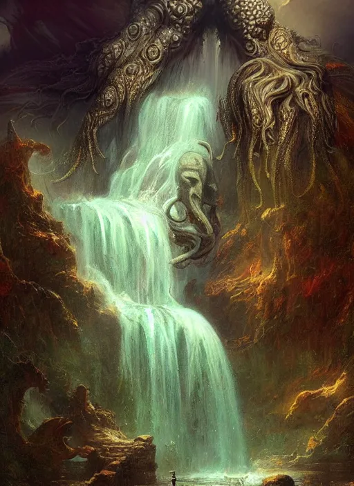 Prompt: cthulhu as a waterfall, digital art by eugene de blaas and ross tran, vibrant color scheme, highly detailed, in the style of romanticism, cinematic, artstation, greg rutkowski