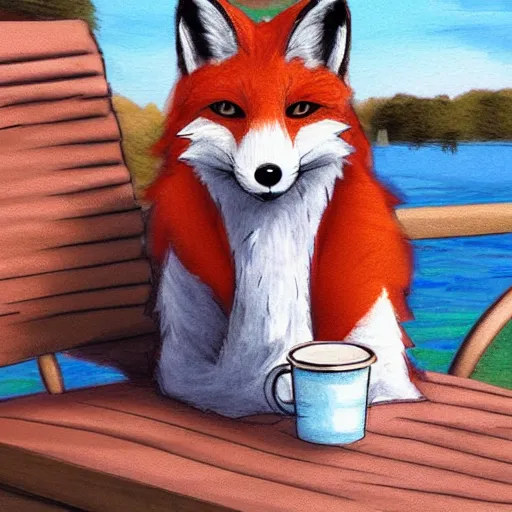 Image similar to furry artwork of female fox sitting on a park bench enjoying a coffee, sunny day, furry art, furry, furaffinity, deviantart furry, anthro,