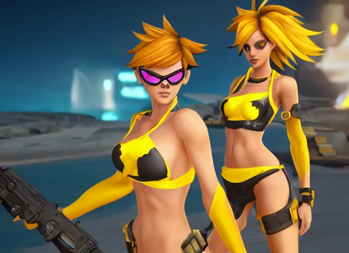 KREA - tracer game character, in yellow bikini, blonde hair, black