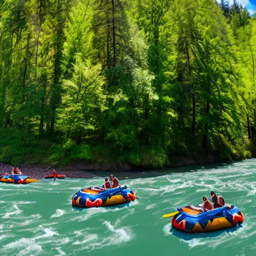 Prompt: a gang of homies having fun on a river float down the snoqualmie river with a big inflatable mallard duck, summertime, drone photography, beautiful, 8k, trending on artstation