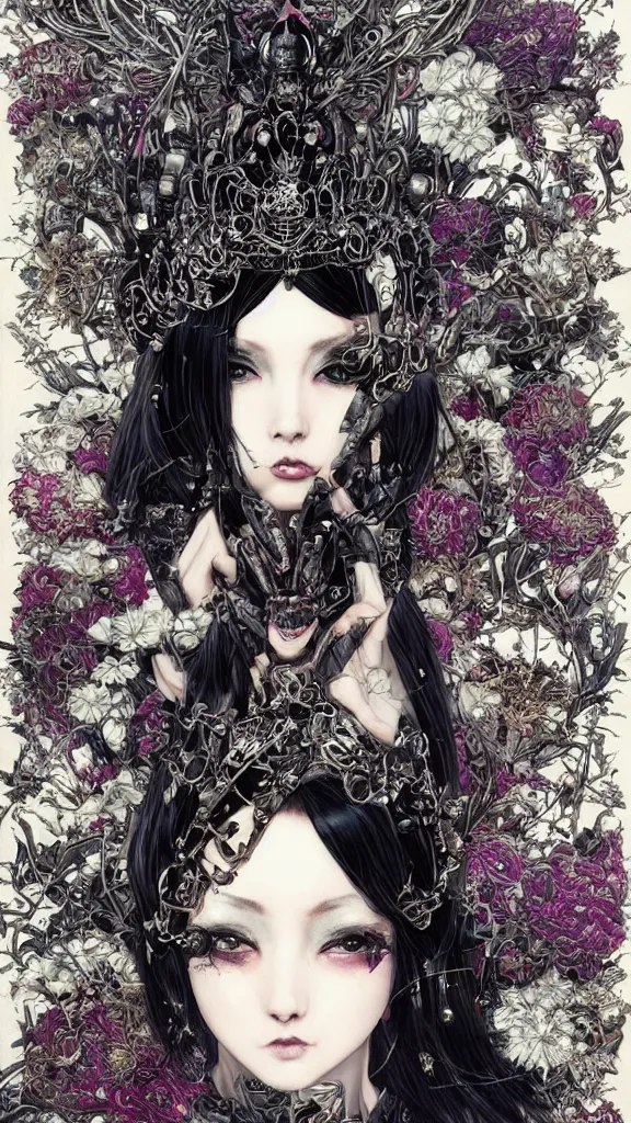 Image similar to cyberpunk fashion a beautiful black haired woman with pale skin and a crown on her head sitted on an intricate metal throne skin wrapped in flowers and wired, vintage style, by yoichi hatakenaka, masamune shirow, josan gonzales and dan mumford, ayami kojima, takato yamamoto, barclay shaw, karol bak, yukito kishiro