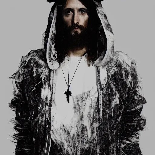 Image similar to a full body lookbook portrait of modern - day jesus wearing virgil abloh off - white menswear and sneaker collection by nicola samori, hat and hoodie, detailed, oil painting, hyper - realistic, 8 k, off - white collection