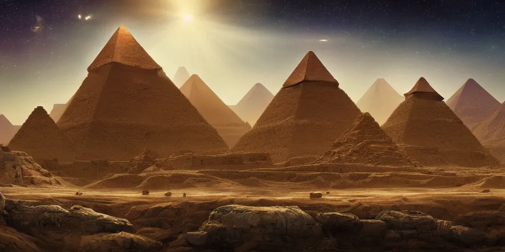 Prompt: beautiful painting of a landscape with alien pyramids with jewels and ornate gold decor by kim jakobsson, takato yamamoto, clement - auguste andrieux and santiago caruso trending on artstation sunshine rays cryengine behance hd 8 k 3 d 8 k resolution photoillustration ambient occlusion ancient egyptian hieroglyphs, stars with lasers