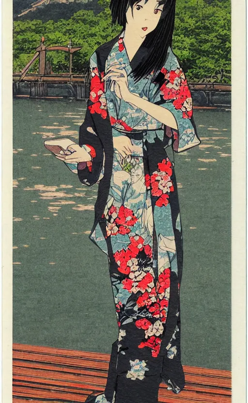 Prompt: by akio watanabe, manga art, a girl on wooden lake bridge and iris flowers, trading card front, kimono, realistic anatomy