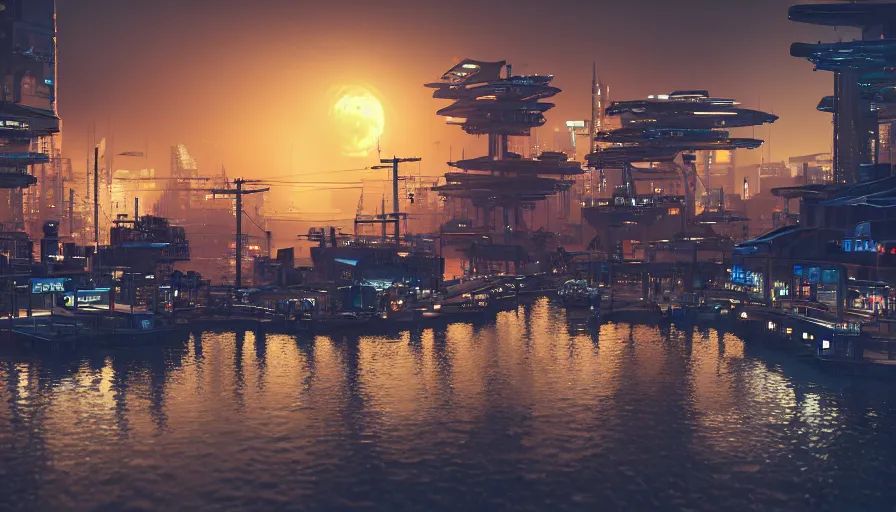 Prompt: night scene of a futuristic cyberpunk fishing village docks , 50mm, beautiful lighting, ultra detailed, 4k, 8k, trending on artstation, octane render, photorealistic, unreal engine 5