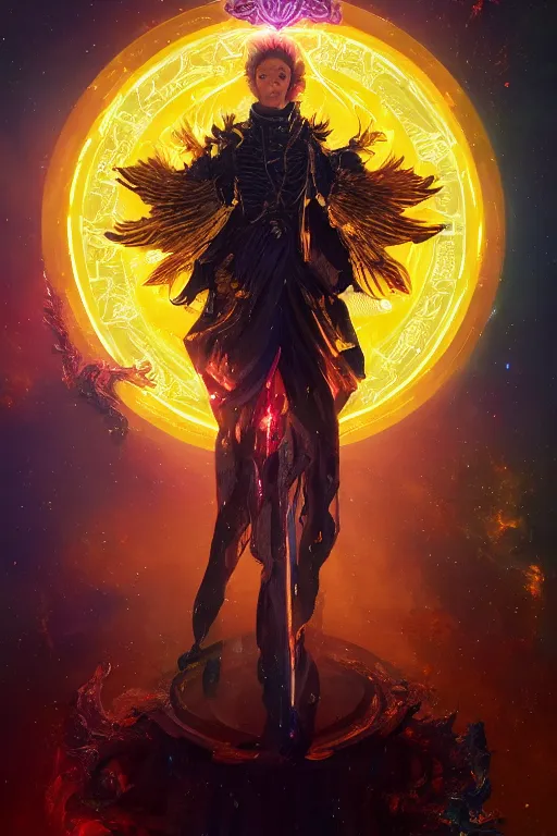 Image similar to a fancy portrait of golden celestial in a colourful portal by greg rutkowski, sung choi, mitchell mohrhauser, maciej kuciara, johnson ting, maxim verehin, peter konig, bloodborne, 8 k photorealistic, cinematic lighting, hd, high details, dramatic, dark atmosphere, trending on artstation