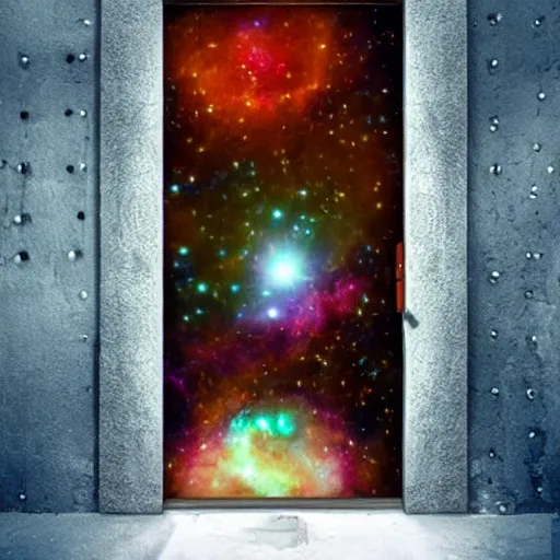 Prompt: an open doorway in an alleyway, through the door is an entire universe, nebulas, stars, the big bang