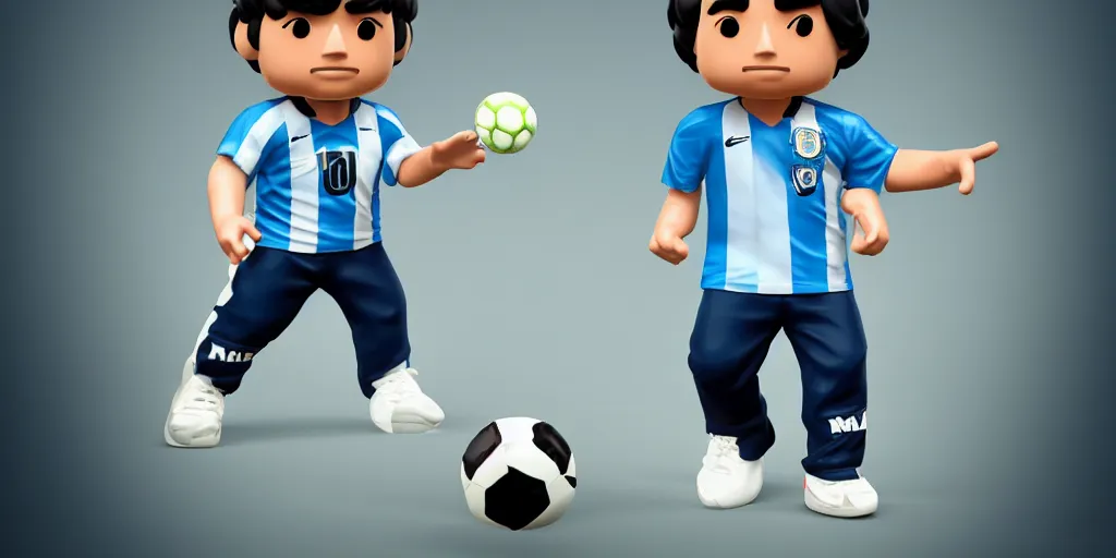 Prompt: funko of young thing maradona with big head, argentina t - shirt, smile, no beard, stand with a ball under his left foot, max resolution, high contrast, cinematic, light cinematic, volumetric, realistic, cinematic lighting, octane render, hyper realistic