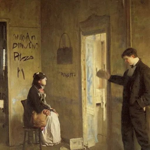 Image similar to a young man and a young woman solving an escape room puzzle, mysterious markings on the wall, by alfred stevens