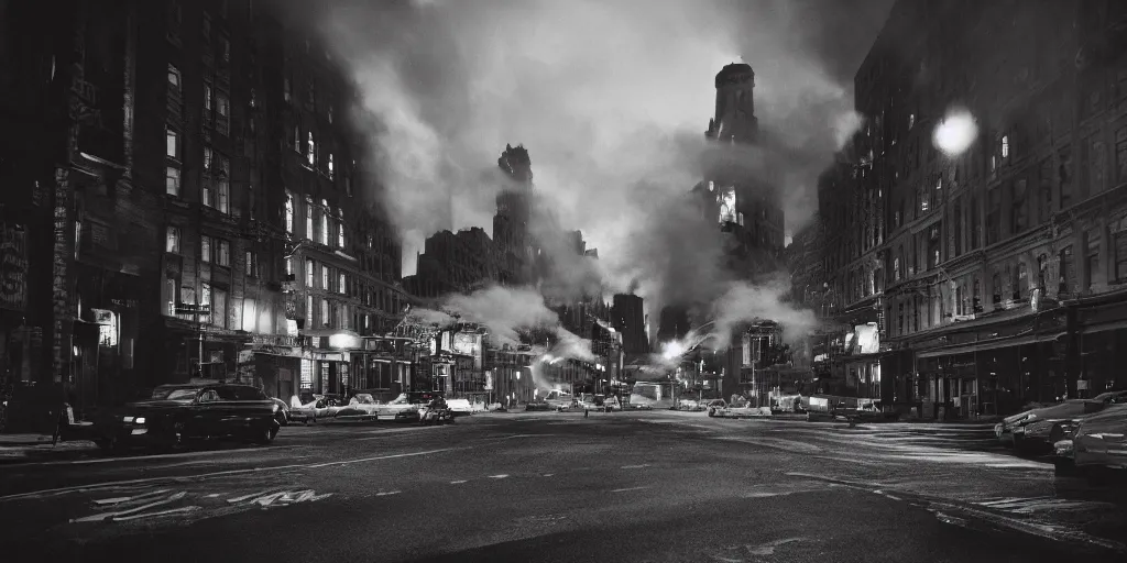 Prompt: high resolution photo of a new york street at night with an old church on fire surrounded with smoke and cars with bright headlights by robert capa, realistic photo, leica, cinematic lighting, magnum award winning photograph, parallax photography,