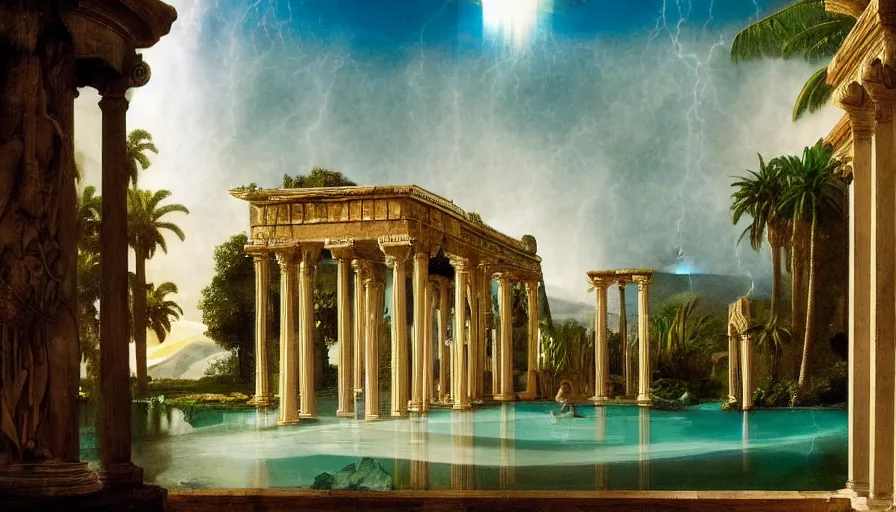 Image similar to Palace of the occult, mediterranean balustrade and columns, refracted sparkles, thunderstorm, greek pool, beach and Tropical vegetation on the background major arcana sky and occult symbols, by paul delaroche, hyperrealistic 4k uhd, award-winning, very detailed paradise