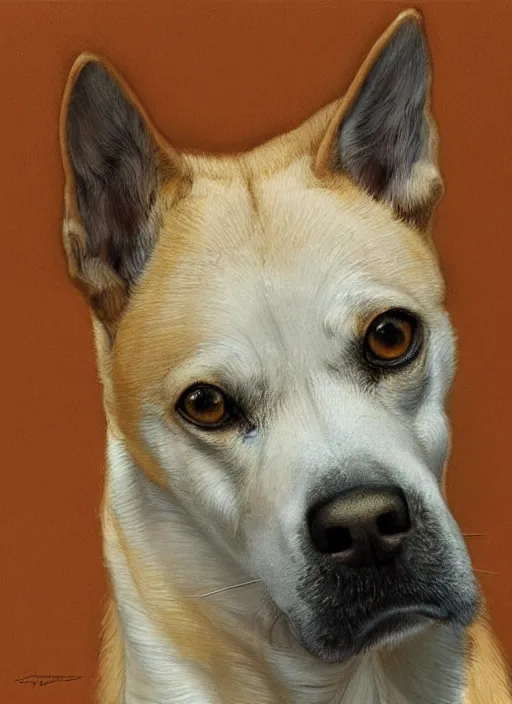 Prompt: portrait of a Carolina dog, highly detailed, centered, solid color background, digital painting, artstation, concept art, smooth, sharp focus, illustration, artgerm, donato giancola, Joseph Christian Leyendecker, Les Edwards, Ed Repka, WLOP