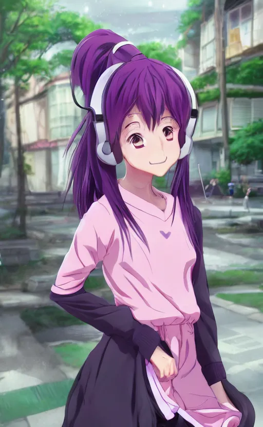 Image similar to anime girl with pink ponytail, wearing purple headphones, wearing a green sweater, with a smile on her face and her eyes closed, walking down a street, dynamic lighting, photorealistic fantasy concept art, trending on art station, very detailed, anime concept art, stunning visuals, creative, cinematic, ultra detailed