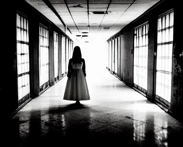 Image similar to creepy woman wearing white dress standing in the backrooms, psychological horror, the eerie forlorn atmosphere of a place that's usually bustling with people but is now abandoned and quiet, buzzing fluorescent lights above the ceiling, unsettling images, liminal space, dark