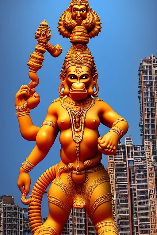 Prompt: high quality 3 d baroque biomorphic hanuman! monument & buildings in mumbai!!, highly detailed, cinematic smooth, berenice abbott & john j. park, dramatic morning light, wide shot, high angle, uhd 8 k, sharp focus