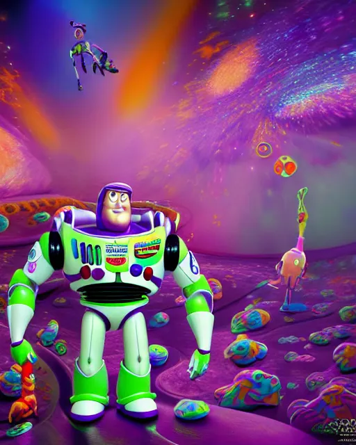 Prompt: portrait ultra dimensional toy story buzz lightyear entity, accidentally tripping on dmt and acid, psychedelic experience, overwhelming psychosis of self realization and burning awakening, ultra high definition, unreal engine 5, hyperrealism, masterpiece composition, by casey weldon, barclay shaw 8 k photorealistic