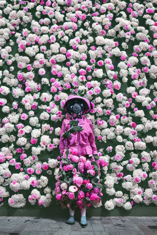 Image similar to a surreal portrait of a woman wearing gas mask blending into a wall of flowers in the style of brooke didonato, editorial fashion photography from vogue magazine, full shot, nikon d 8 1 0, ƒ / 2. 5, focal length : 8 5. 0 mm, exposure time : 1 / 8 0 0, iso : 2 0 0