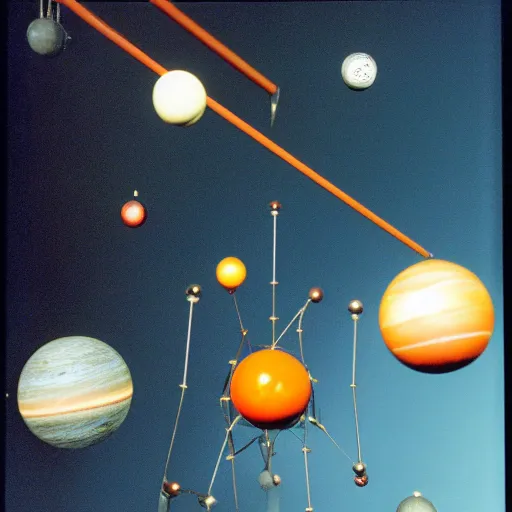 Prompt: a kinetic sculpture of this solar system, sun, orrery, canon 5 d 5 0 mm lens, papier - mache, studio, 1 9 9 9