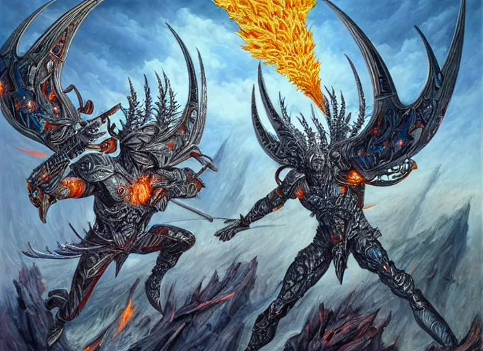 Image similar to dynamic futuristic bibilical depiction battle scene of aggressive winged silver warriors with fire crowns against final boss, d & d, muscular! crossfit, fitness, tight wrinkled cloath, vivid color scheme, atmospheric perspective, fantasy, intricate, elegant, highly detailed, digital painting, smooth, sharp focus, art by ed emshwiller and jesper ejsing