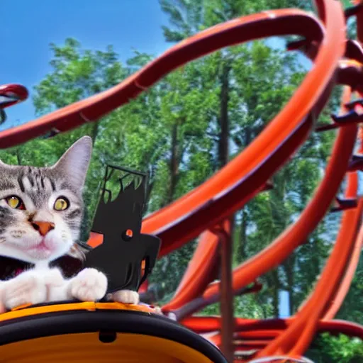 Image similar to selfie of an excited cat riding a roller - coaster, highly - detailed award - winning