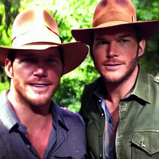 Image similar to chris pratt as indiana jones together with harrison ford, instagram, cinematic, natural lighting, genuine smile