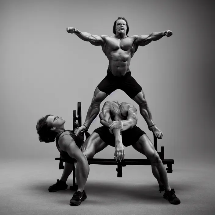 Prompt: portrait of Jack Black benching press with Arnold Schwarzenegger body, by Charlotte Grimm, natural light, detailed face, CANON Eos C300, ƒ1.8, 35mm, 8K, medium-format print