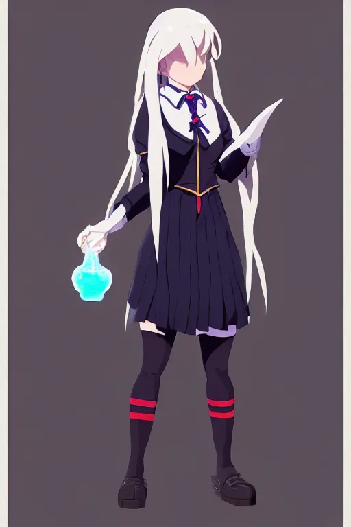 Image similar to visual novel sprite of female student witch by greg rutkowski, genshin impact, witch academia, magic school uniform, glowing white iridescent hair color, by studio ghibli, digital art, trending on artstation, hd, 8 k, highly detailed, good lighting, beautiful, masterpiece