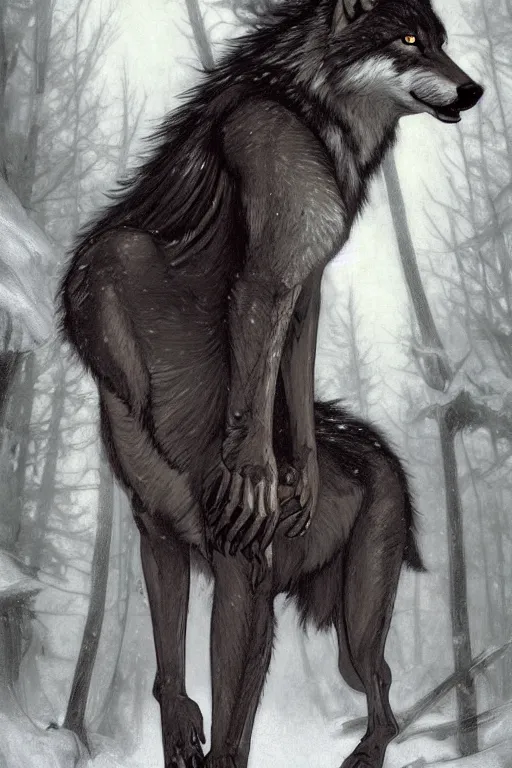 Image similar to full figure beautiful young fit antrophomorphic male wolf, bared teeth and long claws, dark scene, by greg rutkowski and alphonse mucha, d & d character, gradient black to silver, in a snow covered forest at night, highly detailed portrait, digital painting, artstation, concept art, smooth, sharp focus illustration, artstation hq