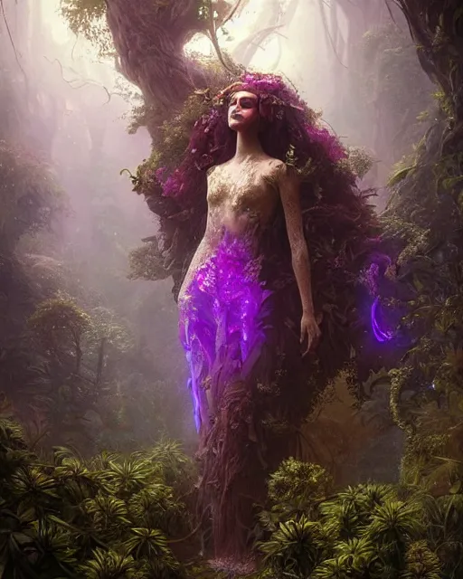 Image similar to portrait of woman queen dryad made of plants weed and trees, fantasy character portrait full body concept art, intricate details, volumetric neon purple lights in the mist by greg rutkowski, gaston bussiere