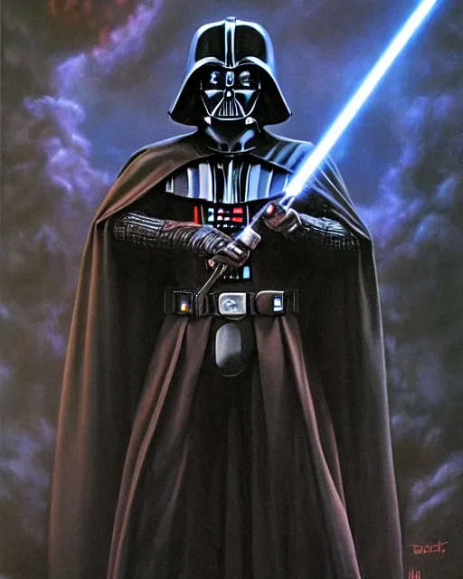 Image similar to portrait of Darth Vader as a powerful dungeons and dragons warlock, wearing dark robe, intricately detailed, lovecraftian, realistic, oil painting, by jeff easley, boris vallejo, cinematic lighting