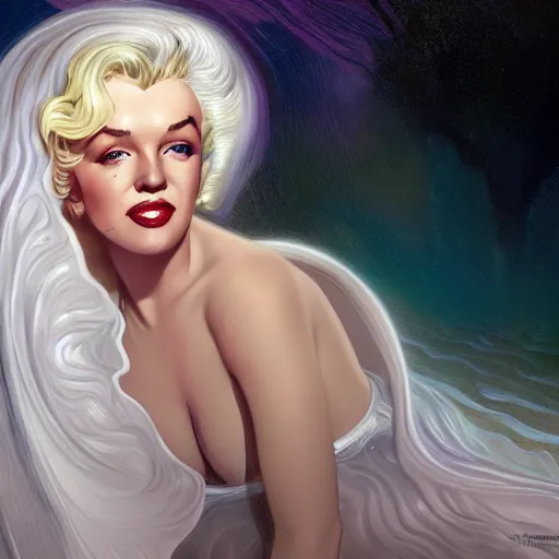 Prompt: a photograpic portrait of a Marilyn Monroe bioluminescent water wave wearing white clothes, fantasy, intricate, elegant, highly detailed, digital painting, artstation, concept art, smooth, sharp focus, illustration, art by artgerm and H R Giger and alphonse mucha