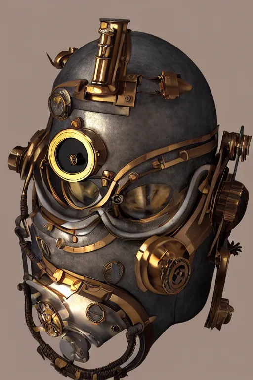 Image similar to steampunk mask minimalist fantasy art robot ninja helmet, global illumination ray tracing hdr fanart arstation by sung choi and eric pfeiffer and gabriel garza and casper konefal radiating a glowing aura