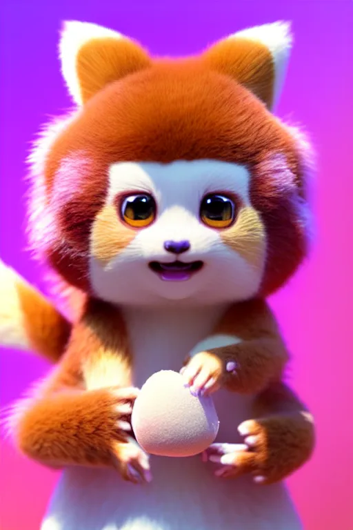 Image similar to high quality 3 d render hyperrealist very cute pastel fluffy! red panda & tarsier hybrid eating giant ice cream full body, vray smooth, in the style of detective pikachu, hannah yata charlie immer, very dramatic pink light, low angle, uhd 8 k, shallow depth or field