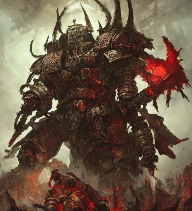 Image similar to battle scene portrait of armored heroes warhammer 4 0 k fight war fighting nurgle warrior, cesede, the chaos god of plague and decay, red chaos knight with cathedrals and columns, pestilence, champion, emperor, abbeys, elegant concept art by ruan jia