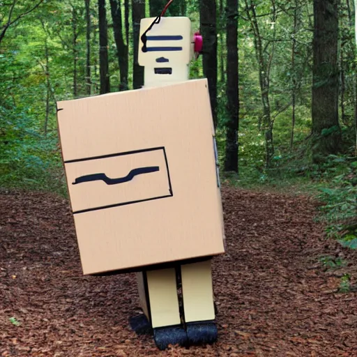 Image similar to robot made of a cardboard box, walking through the forest, in the style of Norman Rockwell