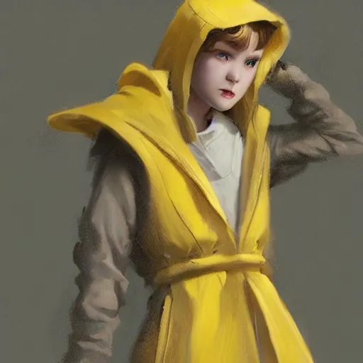 Image similar to a highly detailed epic cinematic concept art CG render digital painting artwork costume design: a teenage girl in a 1950s extremely oversized man's coat and hoodie. muted colors with some yellow accents. By Greg Rutkowski, Ilya Kuvshinov, WLOP, Stanley Artgerm Lau, Ruan Jia and Fenghua Zhong, trending on ArtStation, made in Maya, Blender and Photoshop, octane render, excellent composition, cinematic atmosphere, dynamic dramatic cinematic lighting, aesthetic, very inspirational, arthouse