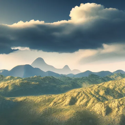Image similar to nature panorama,view of far mountains,heatmap clouds,octane render