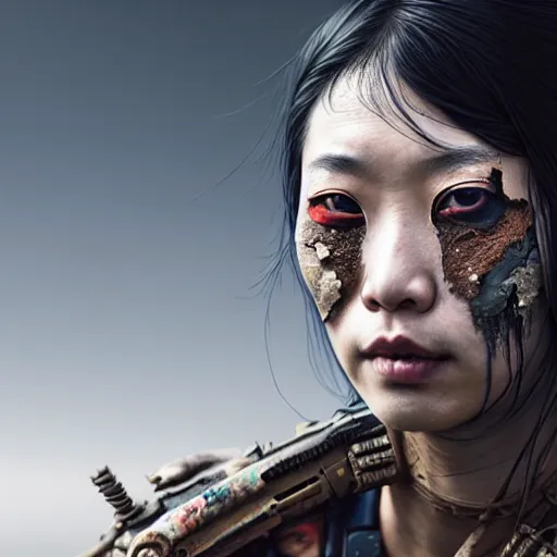 Image similar to portrait painting of a post - apocalyptic japanese lady with warpaint on her face wearing rusty samurai armor, ultra realistic, concept art, intricate details, eerie, highly detailed, photorealistic, octane render, 8 k, unreal engine. art by artgerm and greg rutkowski and charlie bowater and magali villeneuve and alphonse mucha