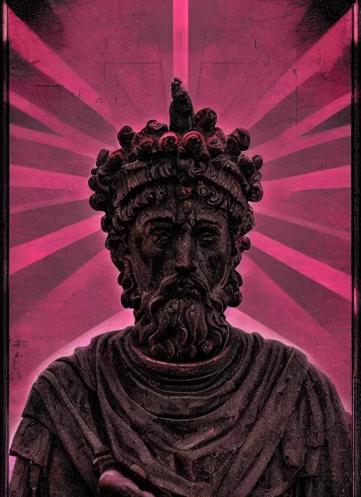 Image similar to elegant dark design poster showing a statue of marcus aurelius, black background with very subtle red and purple design elements, powerful, nekro, vito acconci, thin straight lines, dark, glitch art, neo vaporwave, gritty, layout frame, square, extremly detailed, trending on artstation