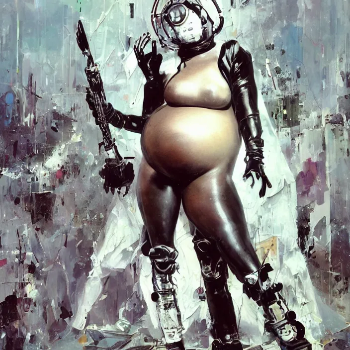 Image similar to pregnant african domme mistress, full body, black supremacy, rubber and latex, postapocalyptic, smooth white surroundings, future, high tech, concept art, realistic painting, digital art by john berkey, by takashi murakami