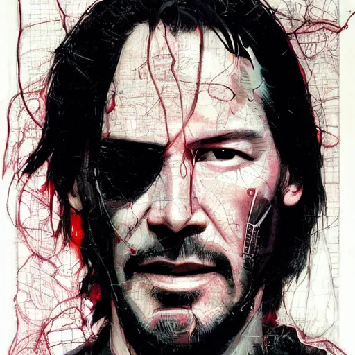 Image similar to keanu reeves as a cyberpunk noir detective, skulls, wires cybernetic implants, machine noir grimcore, in the style of adrian ghenie esao andrews jenny saville surrealism dark art by james jean takato yamamoto and by ashley wood and mike mignola