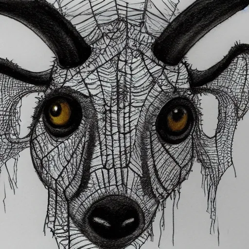Prompt: transparent sheep in spiderweb clothes. fusion between lamb and cobweb. white eyes. pencil sketch, concept art