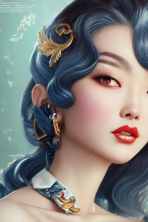 Image similar to a pin up and beautiful fashion and charming and dreamlke asian girl, lv jewelry, art by artgerm & jeehyung lee & wlop, hyperdetailed, 8 k realistic, symmetrical, frostbite 3 engine, cryengine, dof, trending on artstation, digital art, lv, dior